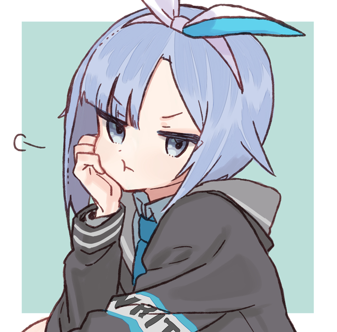 1girl, :t, arm_support, bangs, black_jacket, blue_eyes, blue_hair, blue_neckwear