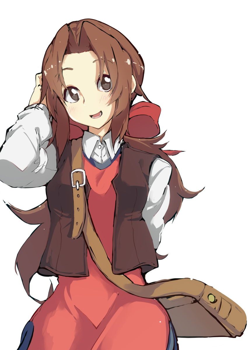 1girl, :d, absurdres, arm_behind_back, arm_behind_head, arm_up, bag, breasts