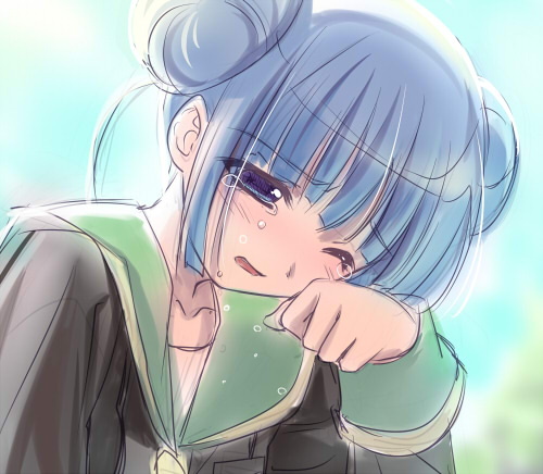 blue_hair, double_bun, double_buns, face, hands, lowres, ren_no_koi, sakushiba_kyara, santa_maria, santa_matsuri, school_uniform, serafuku, sketch, tears, yakin_byoutou