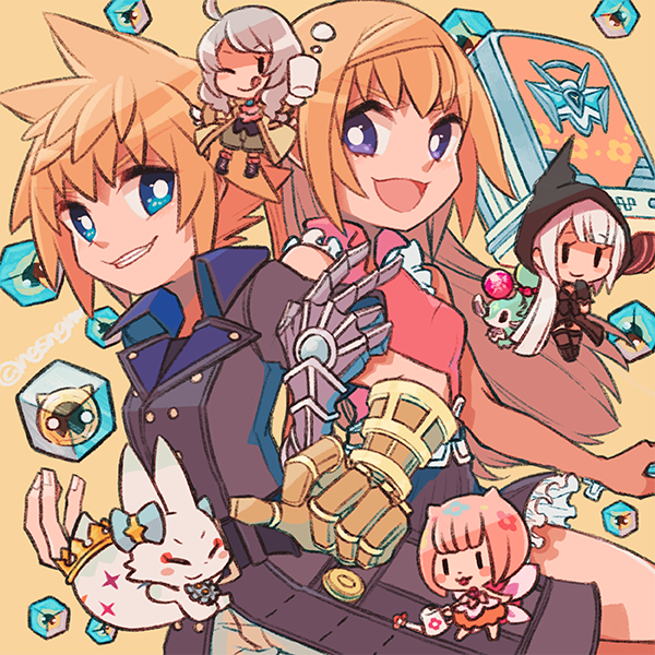 1boy, blue_eyes, breasts, brother_and_sister, brown_hair, closed_mouth, commentary_request, final_fantasy