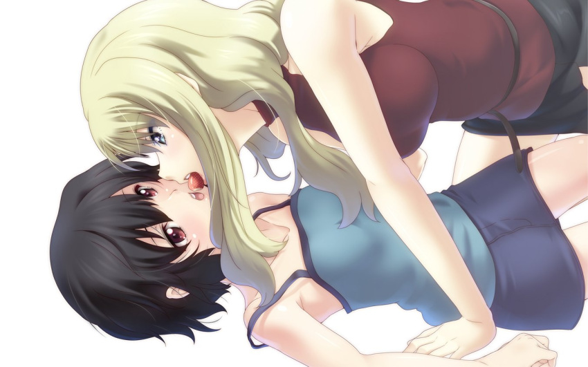 2girls, 846-gou, arm_support, belt, black_hair, blonde_hair, blue_eyes, brown_eyes