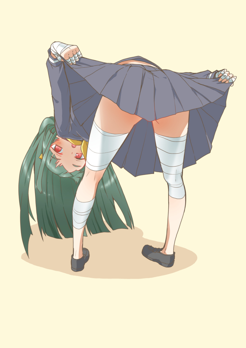 1girl, bandaged_fingers, bandaged_hands, bandaged_leg, bandages, bangs, bent_over, blue_serafuku