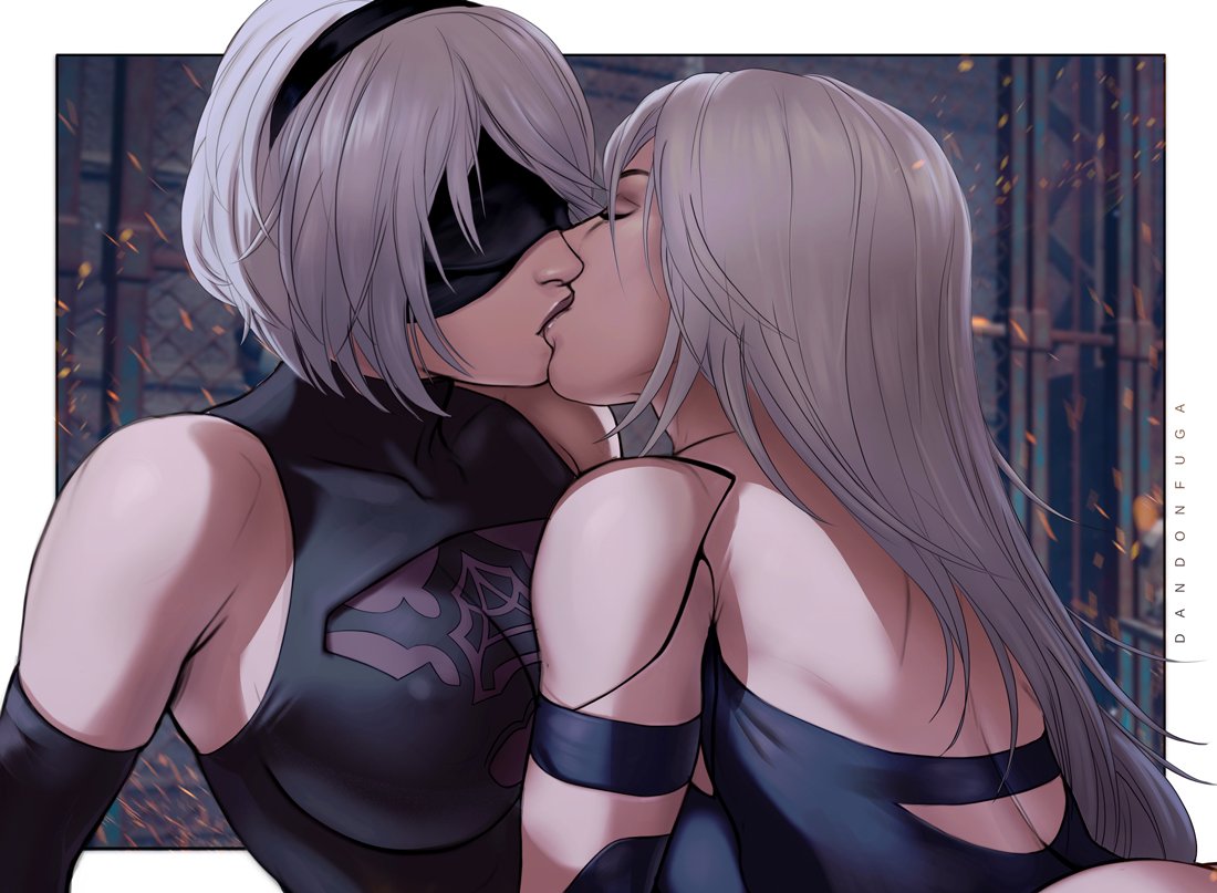 2girls, android, blindfold, closed_eyes, dandon_fuga, elbow_gloves, gloves, kiss
