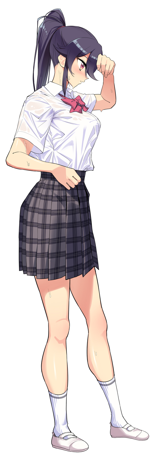 1girl, black_hair, blush, bow, bowtie, breasts, full_body, highres