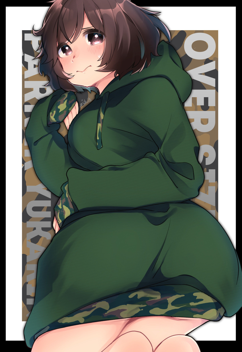 1girl, absurdres, akiyama_yukari, artist_name, bangs, black_border, blush, border