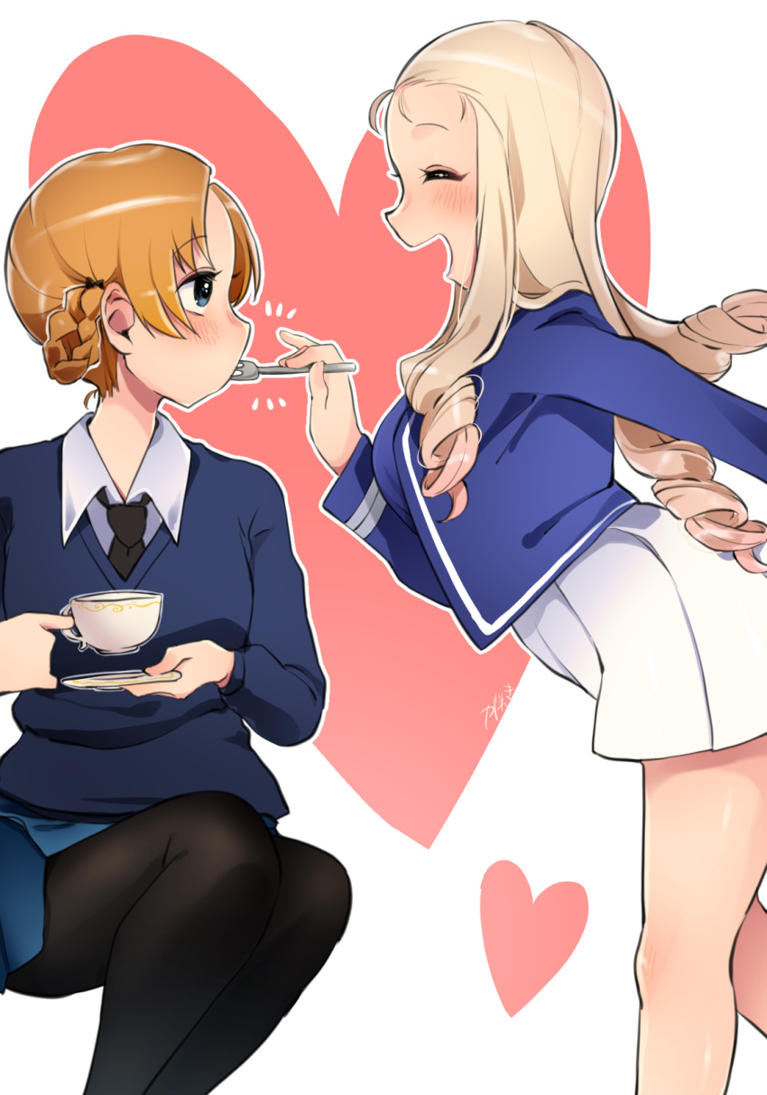 2girls, artist_name, bangs, bc_freedom_military_uniform, black_bow, black_legwear, black_neckwear, blonde_hair