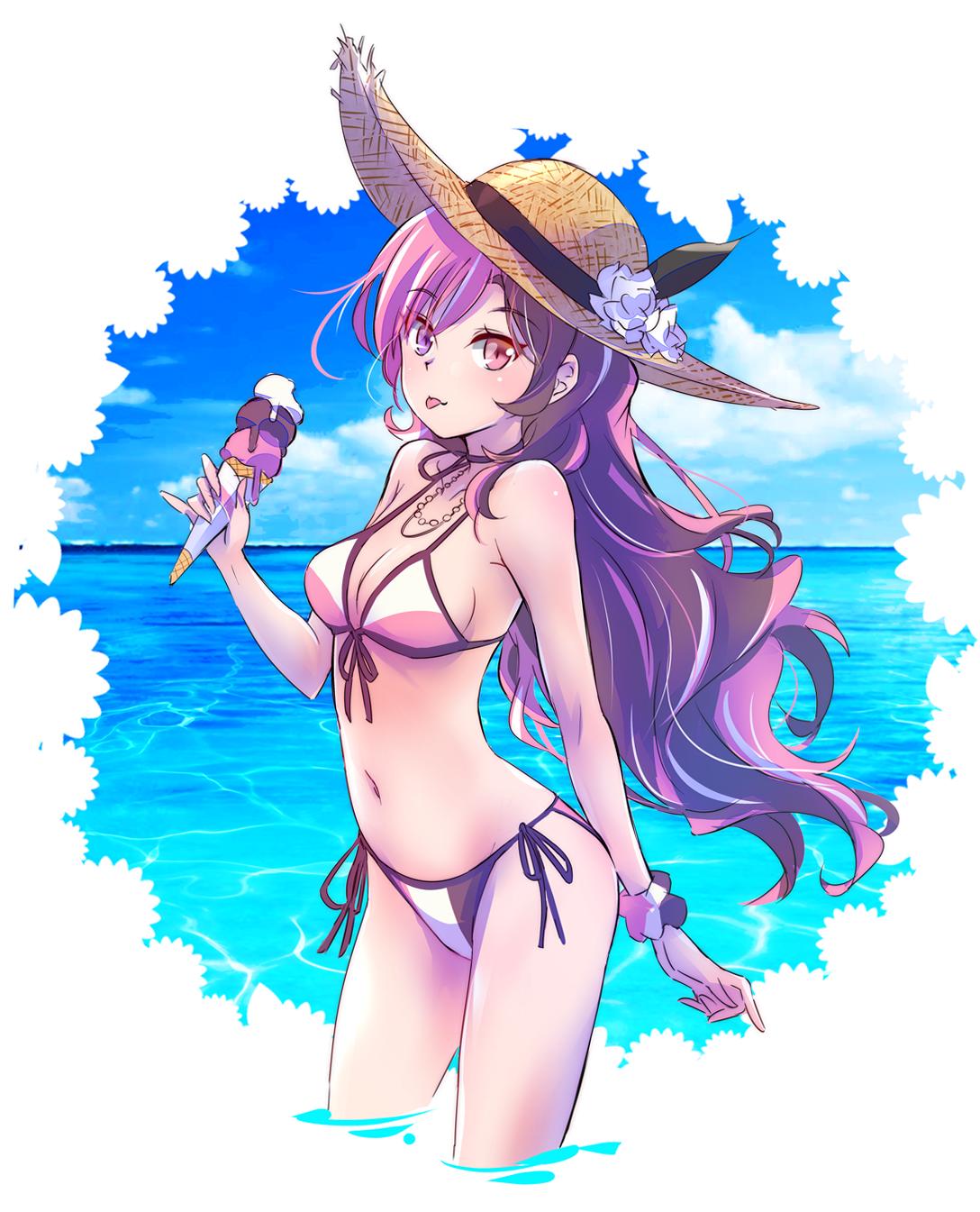 1girl, :p, bare_shoulders, bikini, breasts, brown_eyes, brown_hair, flower, food, hat, heterochromia, highres, ice_cream, iesupa, jewelry, long_hair, multicolored_hair, navel, neapolitan_ice_cream, neo_(rwby), ocean, pendant, pink_eyes, pink_hair, rwby, solo, straw_hat, streaked_hair, swimsuit, tongue, tongue_out, wavy_hair