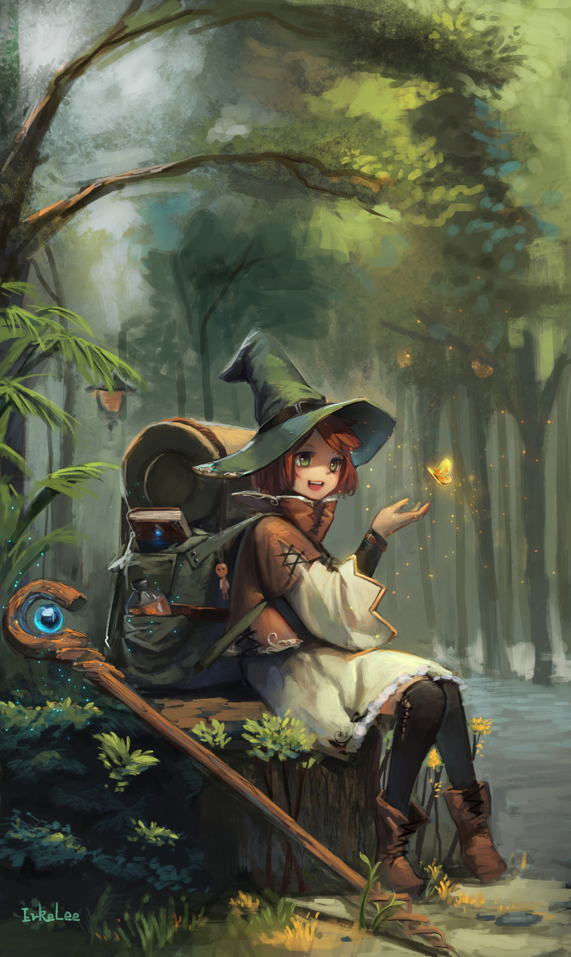 1girl, artist_name, backpack, bag, black_legwear, book, boots, brown_footwear, brown_hair, bug, butterfly, clothing_request, commentary, cross-laced_clothes, erkelee, fantasy, fern, forest, grass, green_eyes, green_headwear, hat, highres, insect, kneehighs, light_particles, long_sleeves, magic, nature, open_mouth, original, outdoors, plant, redhead, short_hair, sitting, sitting_on_tree_stump, smile, staff, teeth, tree, wide_sleeves, witch_hat