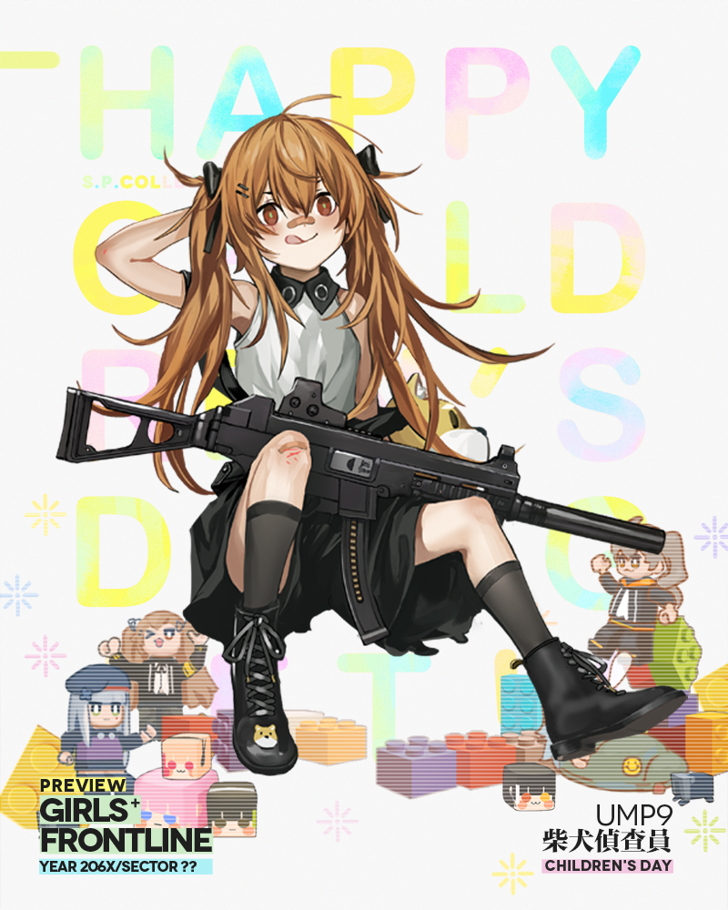 1girl, :d, :q, alternate_costume, bag, bandaid, bandaid_on_knee, bandaid_on_nose, bangs, black_bow, black_footwear, black_shorts, blush, boots, bow, brown_eyes, brown_hair, character_name, collared_shirt, full_body, girls_frontline, grey_legwear, hai_bow, hair_between_eyes, hair_ornament, hand_behind_head, infukun, injury, kneehighs, long_hair, looking_at_viewer, official_art, open_mouth, pouch, scar, scar_across_eye, shirt, shorts, shoulder_bag, sitting, sleeveless, sleeveless_shirt, smile, solo, suspender_shorts, suspenders, tongue, tongue_out, torn_clothes, twintails, ump9_(girls_frontline), white_shirt, younger