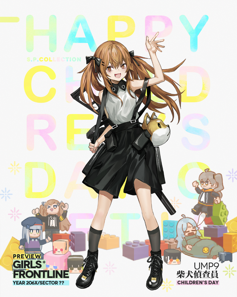 1girl, :d, alternate_costume, bag, bangs, black_bow, black_footwear, black_shorts, blush, boots, bow, brown_eyes, brown_hair, character_name, collared_shirt, full_body, girls_frontline, grey_legwear, hai_bow, hair_between_eyes, hair_ornament, infukun, kneehighs, long_hair, looking_at_viewer, official_art, open_mouth, pouch, scar, scar_across_eye, shirt, shorts, shoulder_bag, sleeveless, sleeveless_shirt, smile, solo, suspender_shorts, suspenders, twintails, ump9_(girls_frontline), white_shirt, younger
