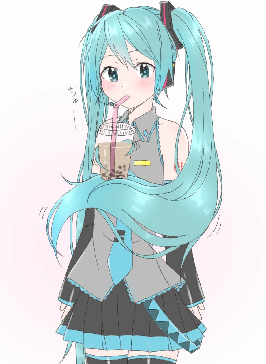 1girl, aqua_eyes, aqua_hair, aqua_neckwear, bangs, bare_shoulders, belt, black_legwear