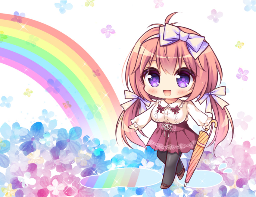 1girl, ahoge, bangs, blush, breasts, brown_hair, chibi, commentary_request, eyebrows_visible_through_hair, hair_between_eyes, hair_ribbon, holding, holding_umbrella, long_sleeves, looking_at_viewer, lump_of_sugar, medium_breasts, moriya_hiyori, open_mouth, pantyhose, rainbow, red_skirt, ribbon, ryuuka_sane, shirt, sidelocks, skirt, smile, solo, twintails, umbrella, violet_eyes, wakaba_iro_no_quartet, white_ribbon, white_shirt
