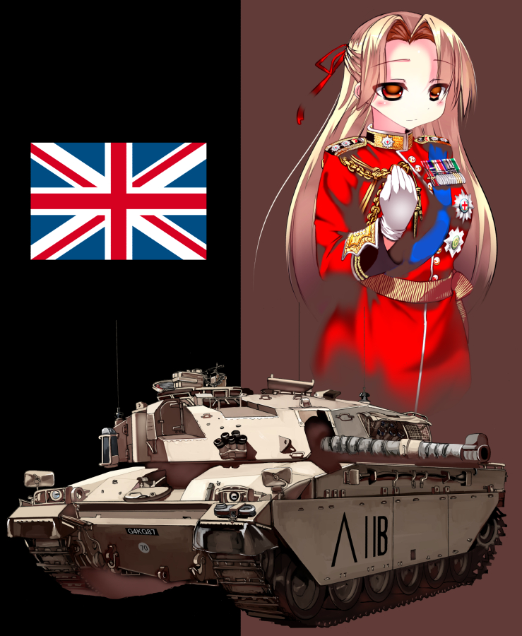 1girl, blonde_hair, breasts, caterpillar_tracks, fv4034_challenger_2, graphite_(medium), ground_vehicle, military
