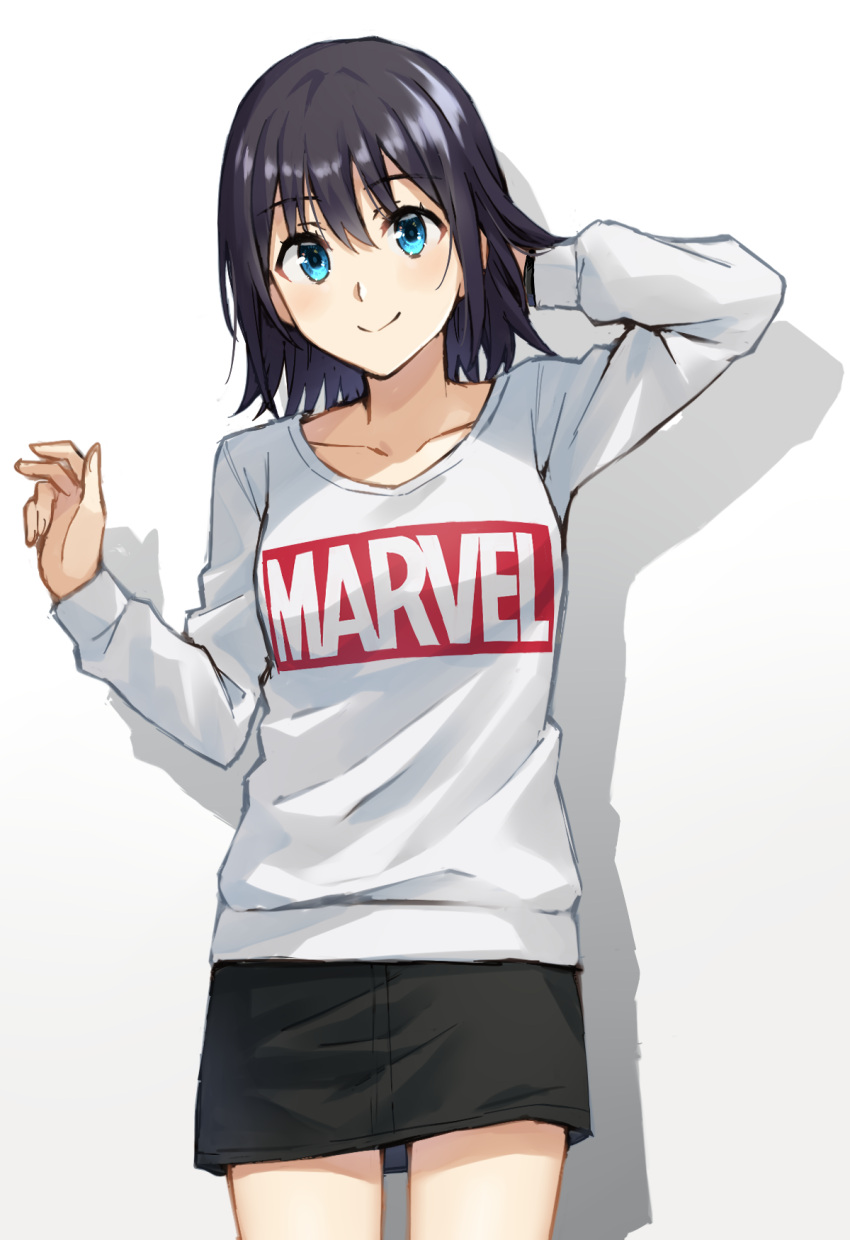 1girl, bangs, black_hair, black_skirt, blue_eyes, blush, breasts, closed_mouth, clothes_writing, collarbone, cowboy_shot, eyebrows_visible_through_hair, gradient, gradient_background, grey_background, hair_between_eyes, hand_up, hero-san_to_moto_onna_kanbu-san, highres, honjou_hayate, long_sleeves, shadow, shirt, skirt, small_breasts, smile, solo, somechime_(sometime1209), white_background, white_shirt
