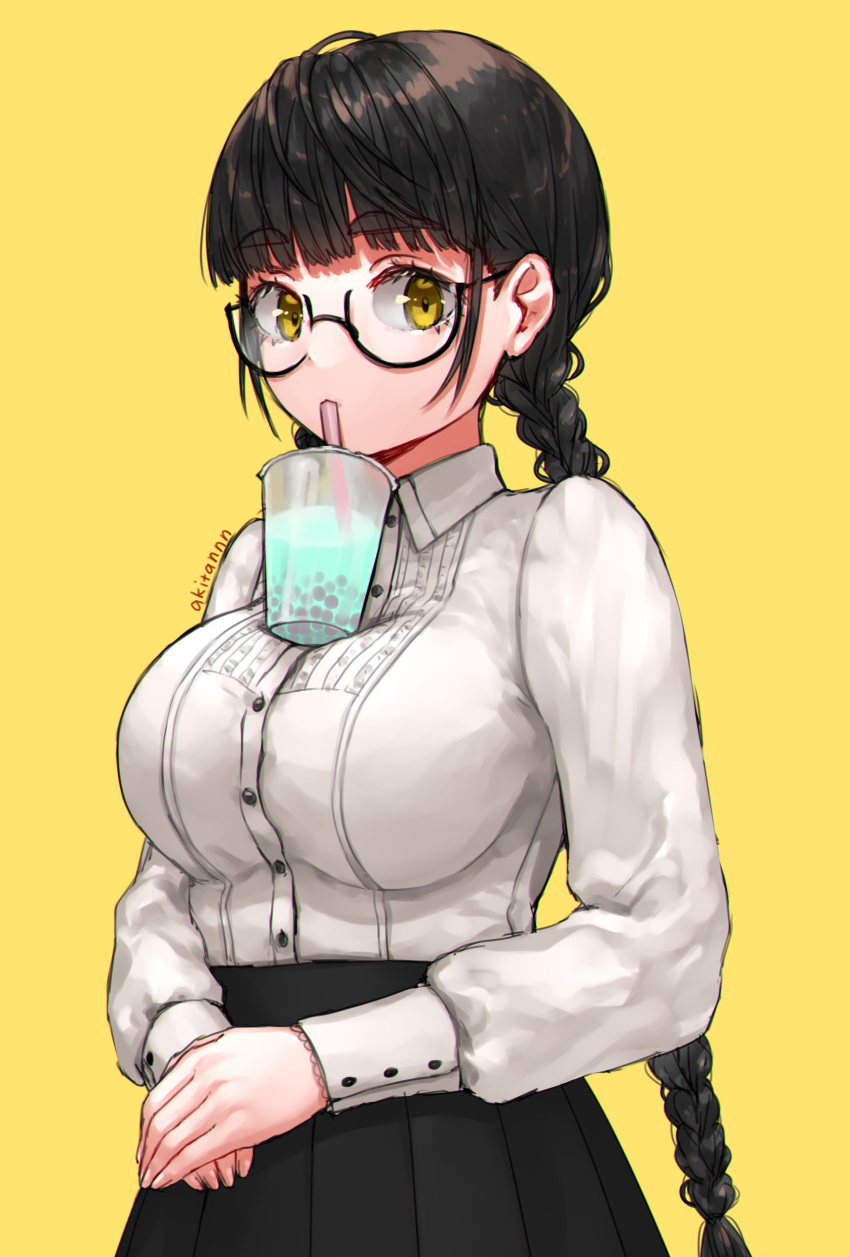 1girl, absurdres, artist_name, bangs, black-framed_eyewear, black_skirt, blunt_bangs, braid, breasts, bubble_tea, bubble_tea_challenge, cup, disposable_cup, drinking, drinking_straw, eyebrows_visible_through_hair, eyes_visible_through_eyewear, hands_together, highres, impossible_clothes, impossible_shirt, large_breasts, long_hair, long_sleeves, looking_at_viewer, glasses_shinchuu, meme, object_on_breast, original, shirt, sidelocks, simple_background, skirt, solo, standing, thick_eyebrows, twin_braids, very_long_hair, white_shirt, yellow_background, yellow_eyes