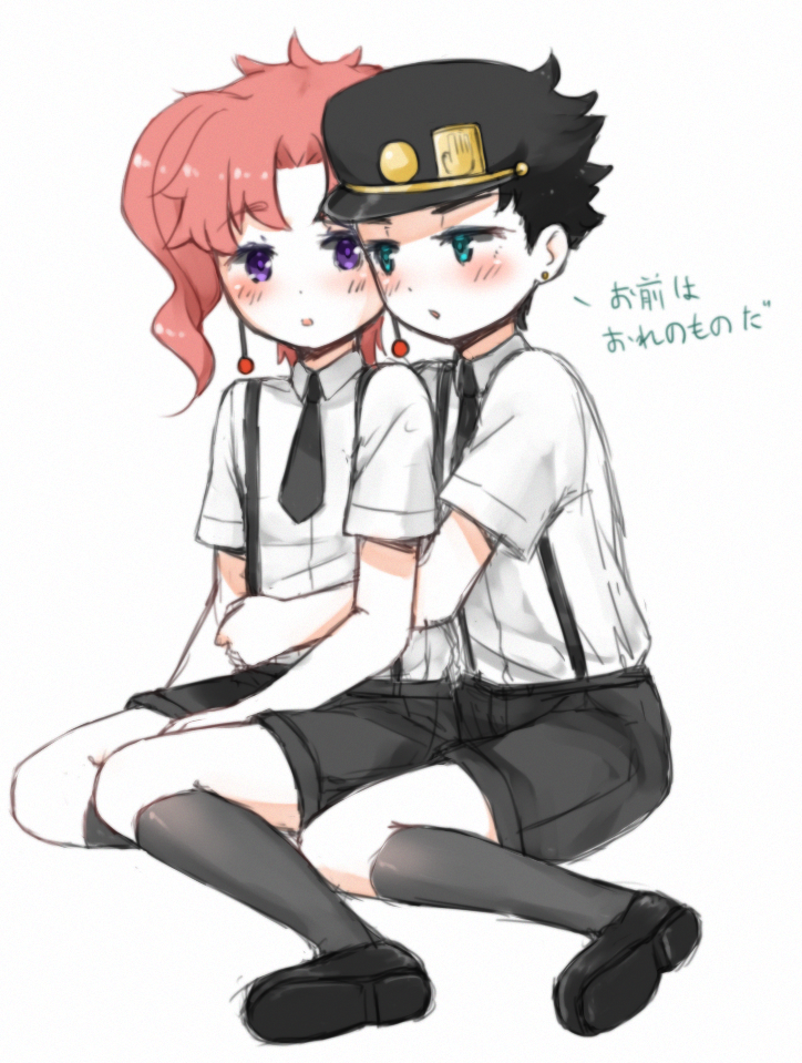 2boys, akitannn, black_legwear, blush, child, green_eyes, hug, jojo_no_kimyou_na_bouken