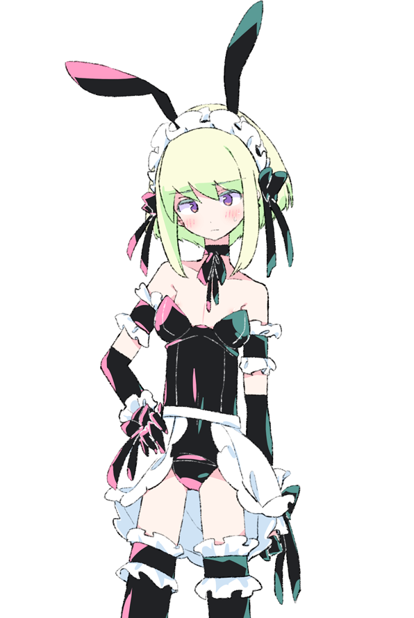 1boy, apron, black_gloves, blonde_hair, blush, earrings, gloves, green_hair
