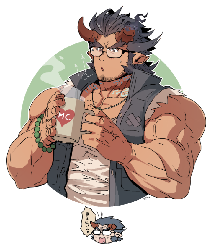 1boy, :o, bara, bare_shoulders, beard, black_hair, blush, bracelet