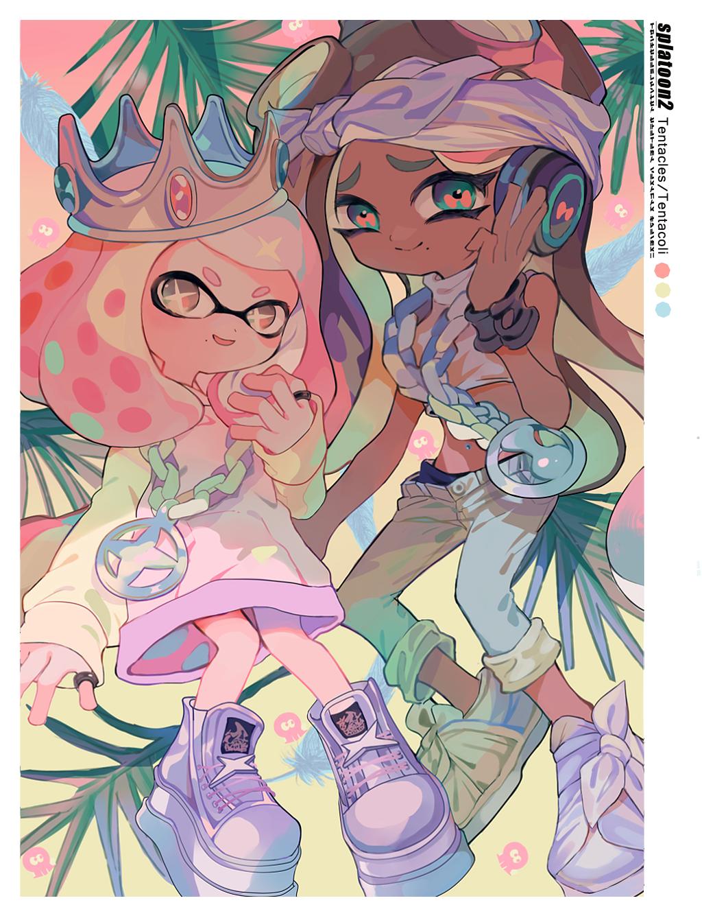 2girls, cropped_sweater, crown, cuffs, dark_skin, domino_mask, dress, full_body, gradient, gradient_background, green_eyes, hand_on_headphones, headphones, highres, jewelry, kyuurisoda, leaf, long_hair, looking_at_viewer, marina_(splatoon), mask, mole, mole_under_mouth, multiple_girls, pearl_(splatoon), ring, smile, splatoon_(series), splatoon_2, splatoon_2:_octo_expansion, suction_cups, sweater, sweater_dress, tentacle_hair, white_hair, yellow_eyes