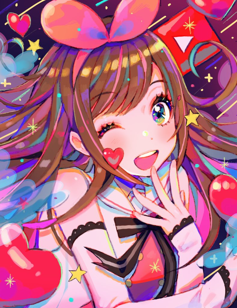 1girl, 43_pon, ;d, a.i._channel, bangs, bare_shoulders, blue_eyes, blush
