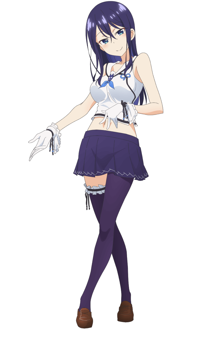 1girl, amagai_tarou, bare_arms, bare_shoulders, blue_eyes, blue_hair, blue_legwear, blue_skirt