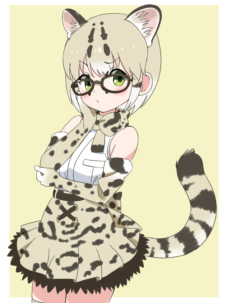 1girl, animal_ear_fluff, animal_ears, asymmetrical_eyebrows, bangs, bare_shoulders, belt, black-framed_eyewear