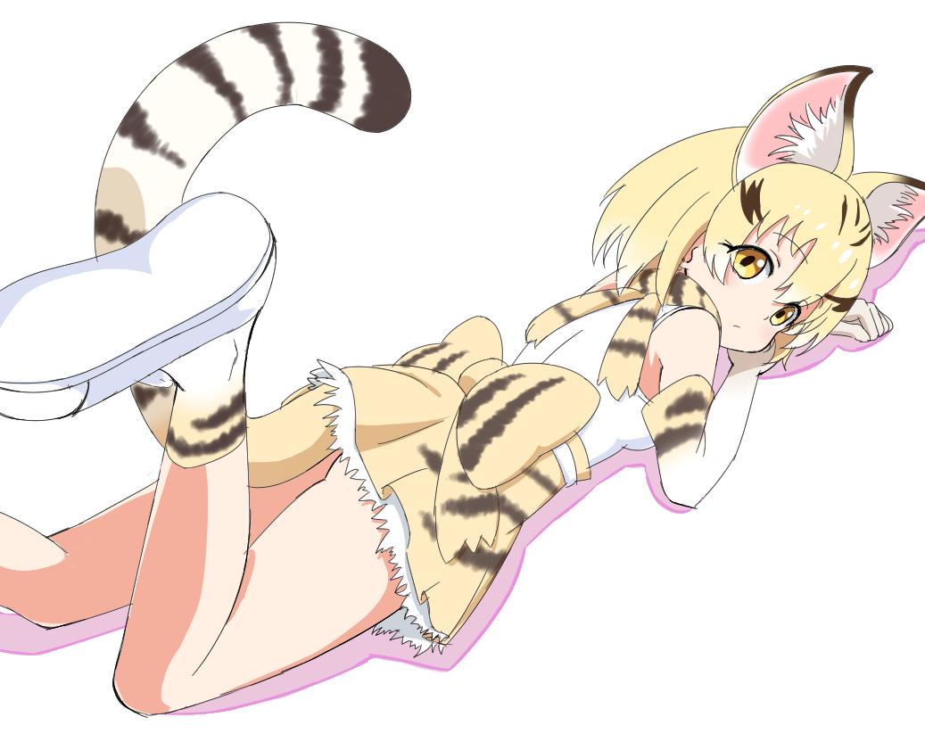 1girl, :/, animal_ear_fluff, animal_ears, bare_shoulders, blonde_hair, bow, cat_ears, cat_tail, elbow_gloves, extra_ears, eyebrows_visible_through_hair, eyes_visible_through_hair, foot_up, from_behind, gloves, ilyfon133, kemono_friends, large_bow, looking_at_viewer, looking_back, lying, on_stomach, print_bow, print_gloves, print_legwear, sand_cat_(kemono_friends), sand_cat_print, shirt, shoes, short_hair, simple_background, sleeveless, sleeveless_shirt, socks, solo, tail, waist_bow, white_background, white_footwear, white_shirt, yellow_eyes