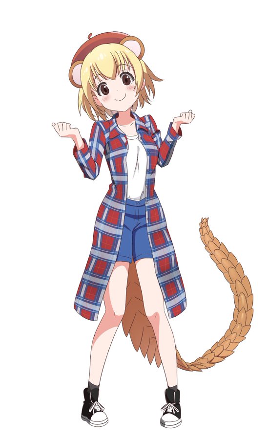 1girl, alternate_costume, beret, black_footwear, blonde_hair, blue_shorts, boots, brown_eyes, clenched_hands, eyebrows_visible_through_hair, full_body, giant_pangolin_(kemono_friends), hands_up, hat, ilyfon133, kemono_friends, long_sleeves, looking_at_viewer, pangolin_ears, pangolin_tail, shirt, short_hair, shorts, simple_background, smile, socks, solo, standing, white_background, white_shirt