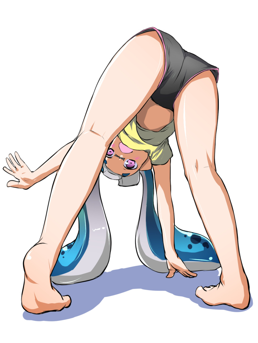 1girl, ass, bangs, barefoot, bent_over, bike_shorts, black_shorts, blue_hair, blunt_bangs, gym_shorts, heel_up, highres, inkling, kneepits, legs, light_blush, long_hair, looking_at_viewer, looking_through_legs, open_mouth, pointy_ears, shadow, shirt, short_shorts, shorts, simple_background, solo, splatoon_(series), standing, tentacle_hair, toraneko555, violet_eyes, white_background, yellow_shirt