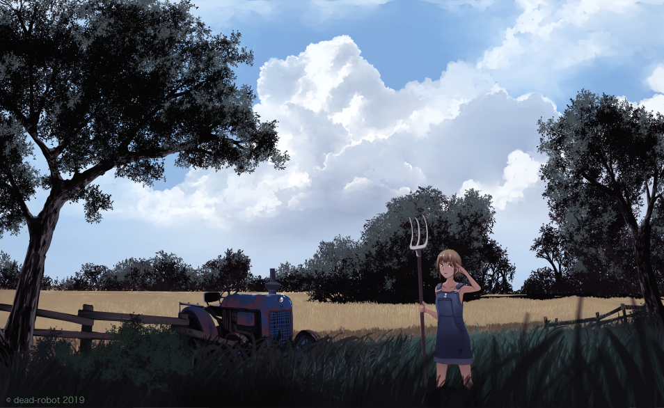 1girl, artist_name, brown_hair, clouds, cloudy_sky, collarbone, dead-robot, farm
