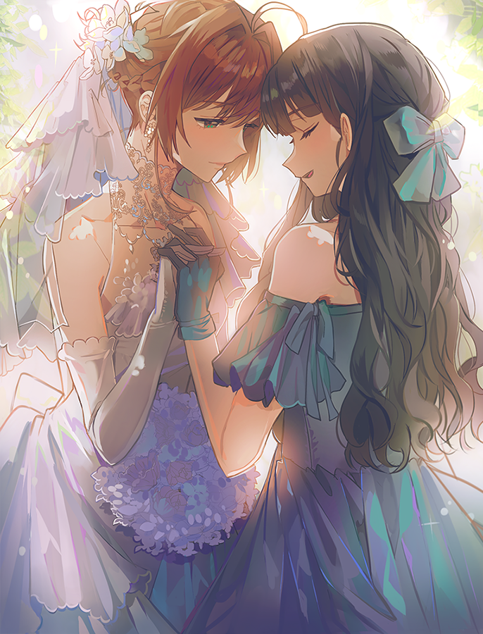 2girls, antenna_hair, bangs, black_hair, blunt_bangs, blurry, blurry_background, bridal_veil, brown_hair, cardcaptor_sakura, closed_eyes, closed_mouth, commentary, daidouji_tomoyo, dal_(edalnem), day, dress, elbow_gloves, gloves, green_eyes, hair_ribbon, holding_hands, kinomoto_sakura, long_hair, magical_girl, multiple_girls, off-shoulder_dress, off_shoulder, outdoors, purple_dress, ribbon, short_hair, tree, veil, wedding_dress, yuri