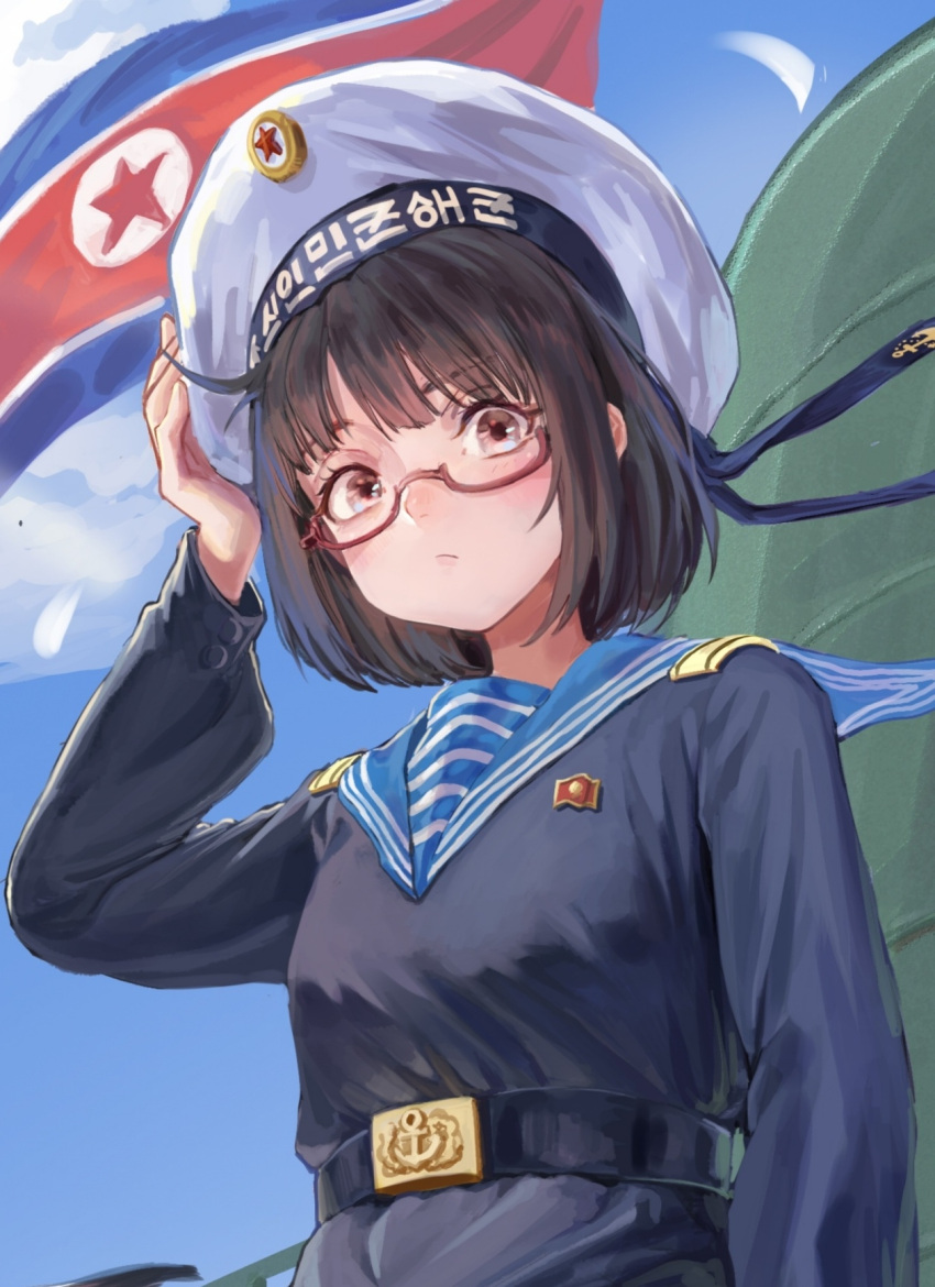1girl, ahoge, belt, belt_buckle, black_hair, blush, brown_eyes, buckle