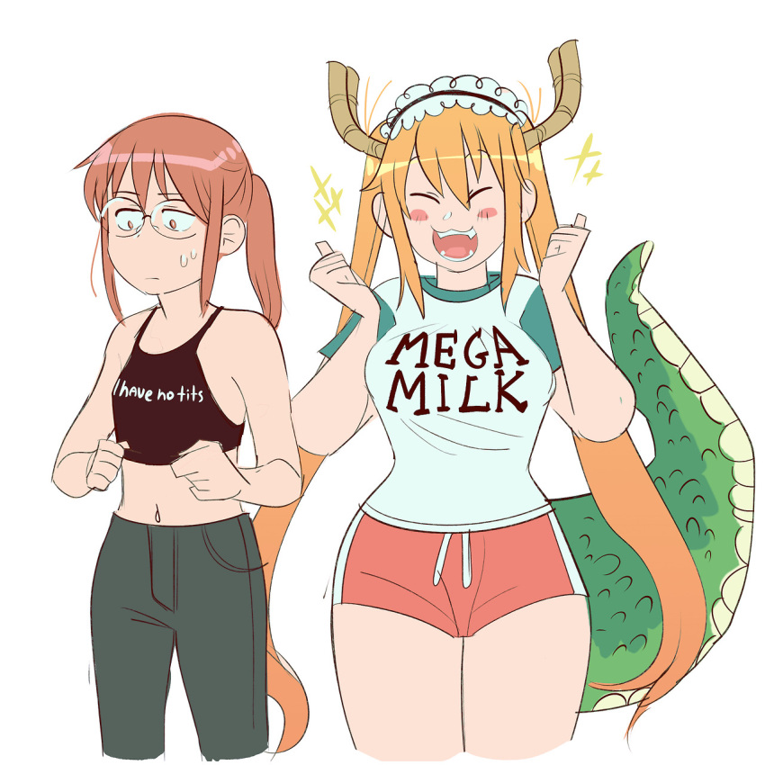 2girls, breast_envy, breasts, clothes_writing, dragon_girl, dragon_horns, dragon_tail, fangs