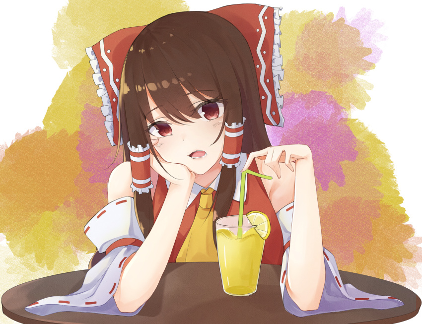1girl, abstract_background, armpit_crease, bare_shoulders, bow, brown_hair, cravat, cup