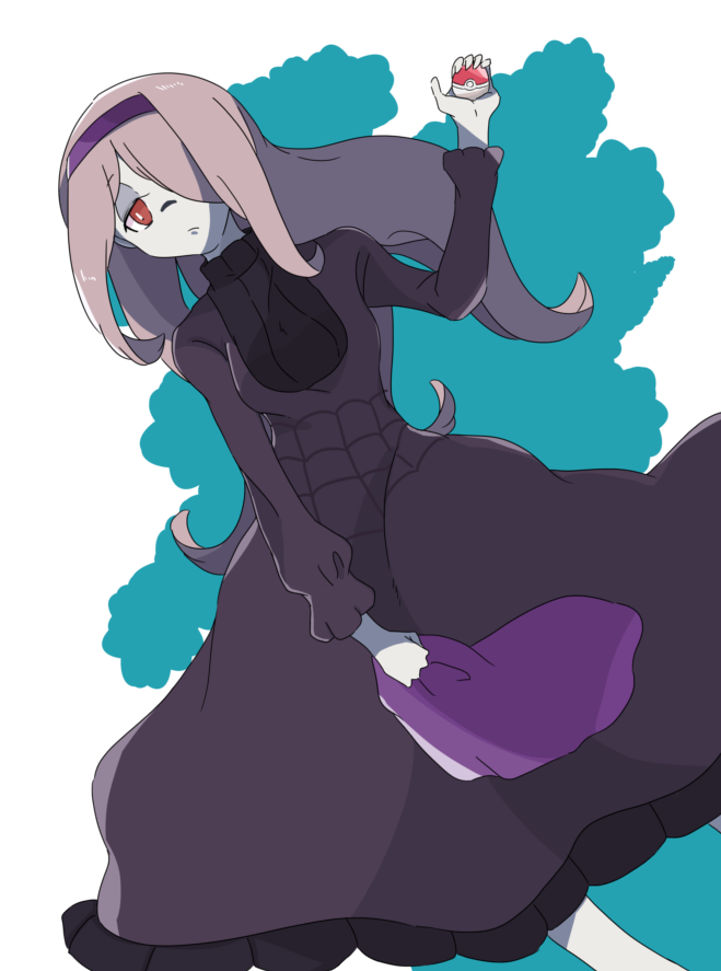 1girl, black_dress, commentary_request, cosplay, dress, expressionless, eyeshadow, hair_over_one_eye