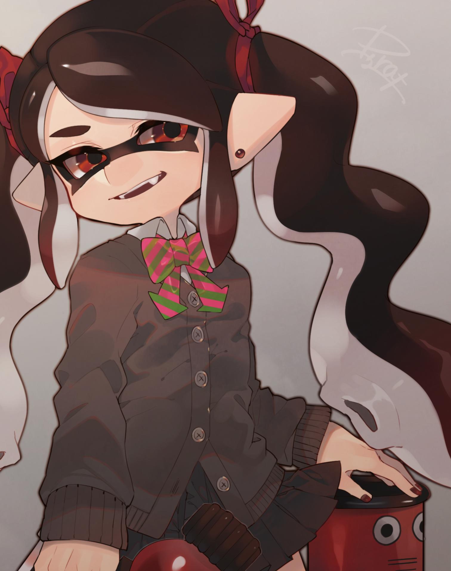 1girl, artist_name, bangs, black_hair, black_nails, black_skirt, bow, bowtie