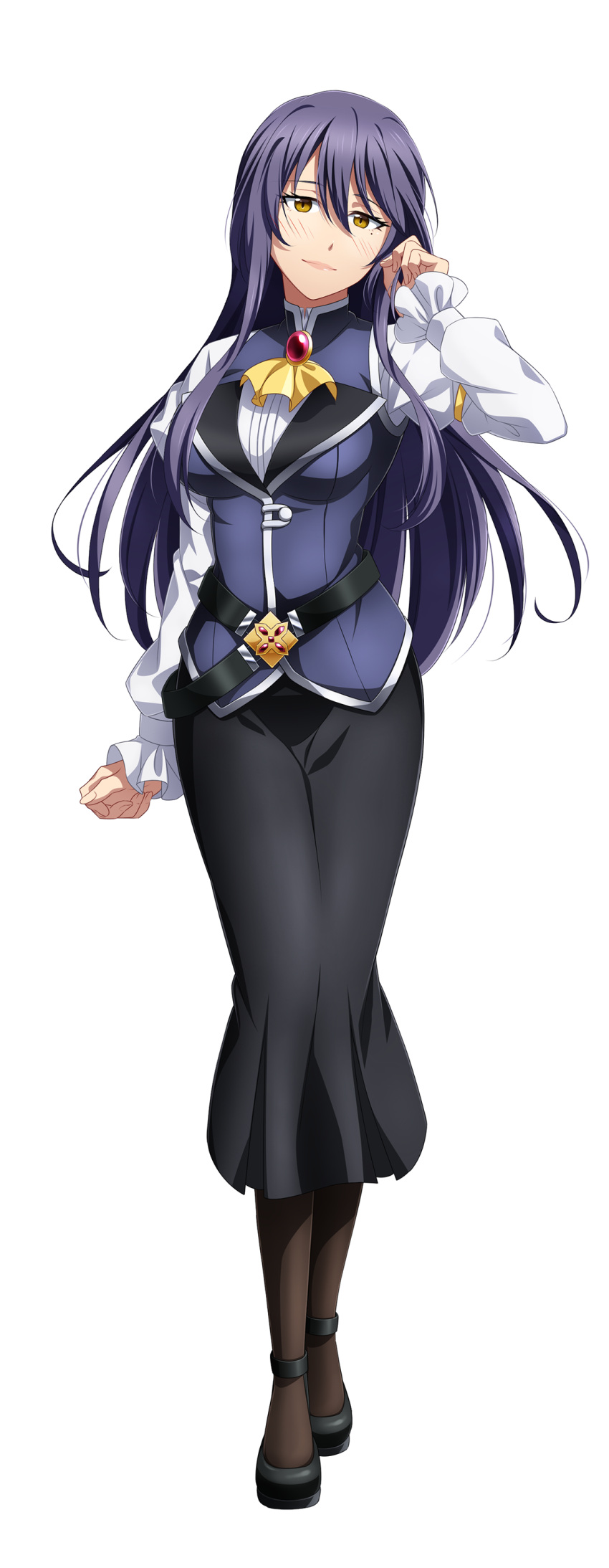 1girl, absurdres, ascot, black_footwear, black_legwear, black_skirt, blue_hair, blush