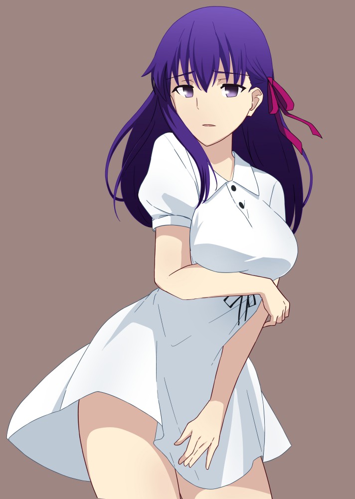 1girl, bangs, black_ribbon, contrapposto, cowboy_shot, dress, fate/stay_night, fate_(series)