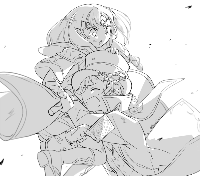 1boy, 1girl, atelier_(series), atelier_lulua, boots, braid, card, carrying, circlet, commentary_request, ficus_finis, greyscale, hat, jacket, karasumi_(aiseec), long_hair, monochrome, open_mouth, piana_(atelier), sweatdrop, top_hat