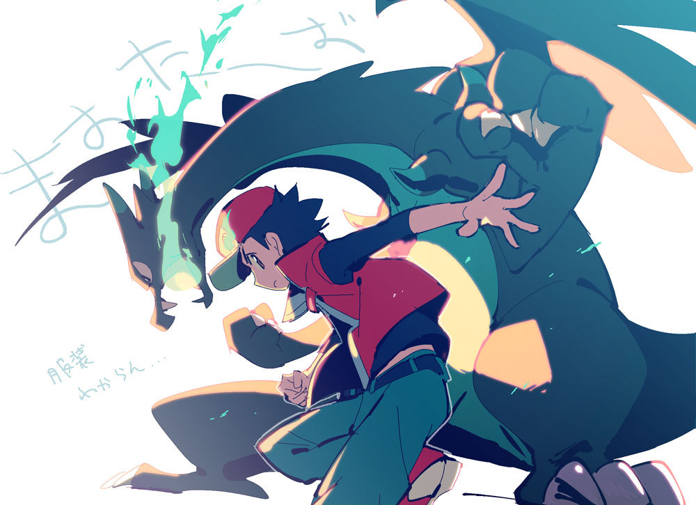 backlighting, blue_fire, blue_pants, charizard, claws, fangs, fire, hat
