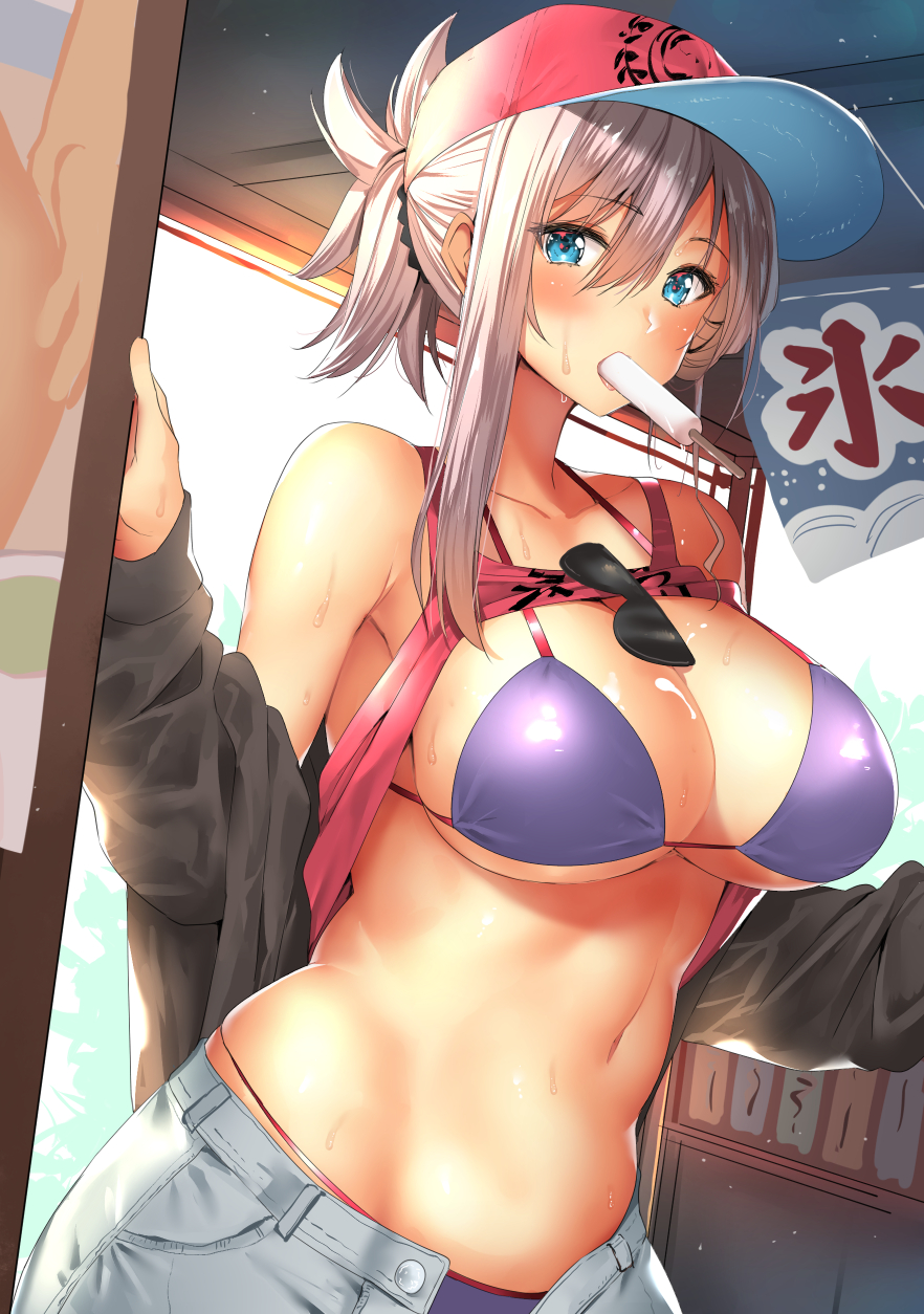 1girl, baseball_cap, bikini, blue_eyes, blush, body_mahattaya_ginga, breasts, day