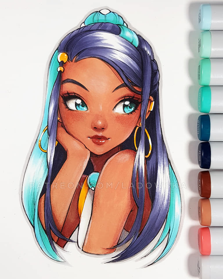 1girl, aqua_eyes, aqua_hair, artist_name, bangs, bare_shoulders, blunt_bangs, blush, closed_mouth, color_guide, cropped_torso, dark_skin, forehead, hair_bun, hair_ornament, hand_on_own_cheek, hoop, joanna_ladowska, long_hair, looking_back, multicolored_hair, patreon_username, pokemon, pokemon_(game), pokemon_swsh, red_lips, rurina_(pokemon), sleeveless, smile, solo, traditional_media, two-tone_hair, upper_body, watermark