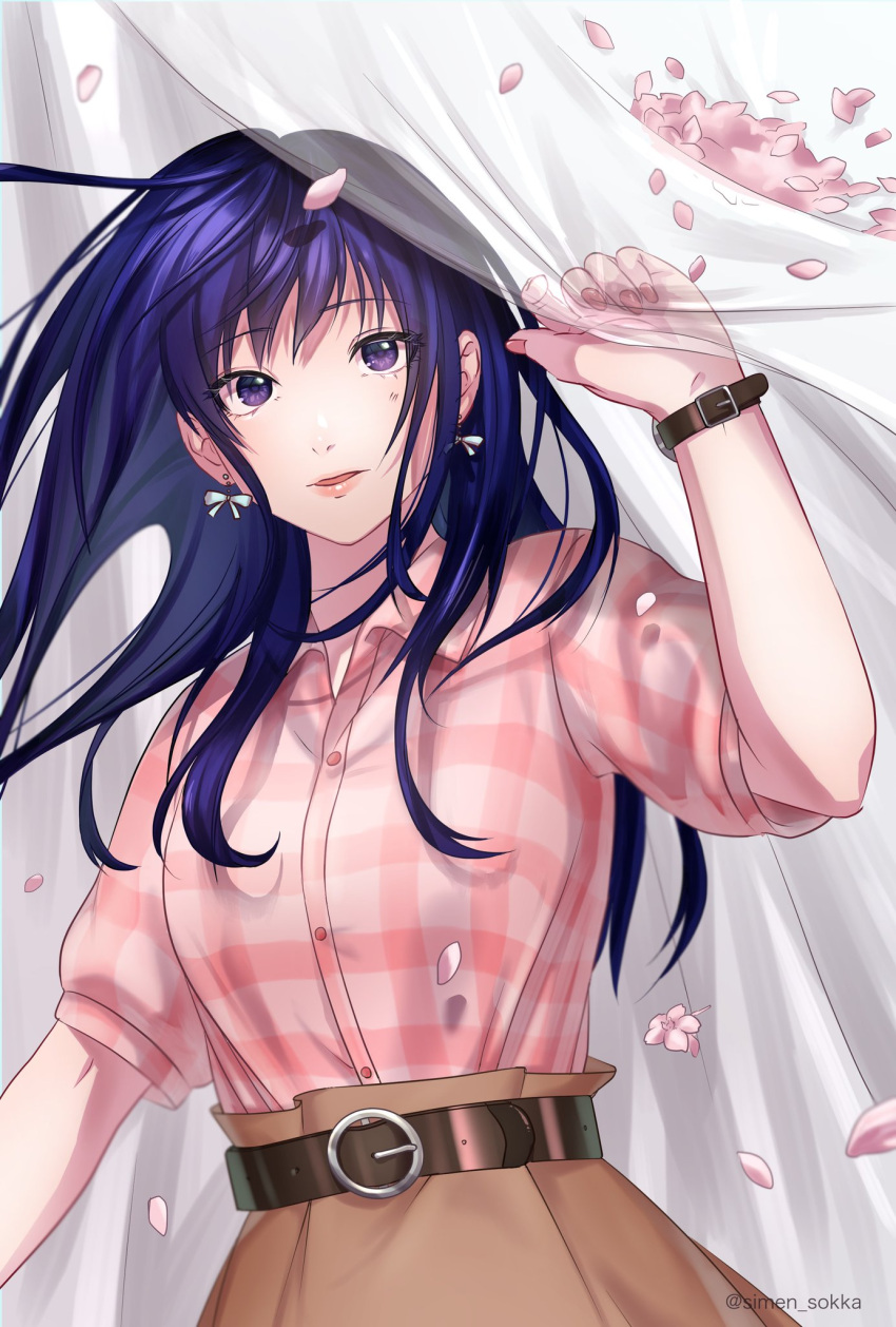 1girl, belt, blue_hair, brown_skirt, cherry_blossoms, curtains, earrings, hand_up