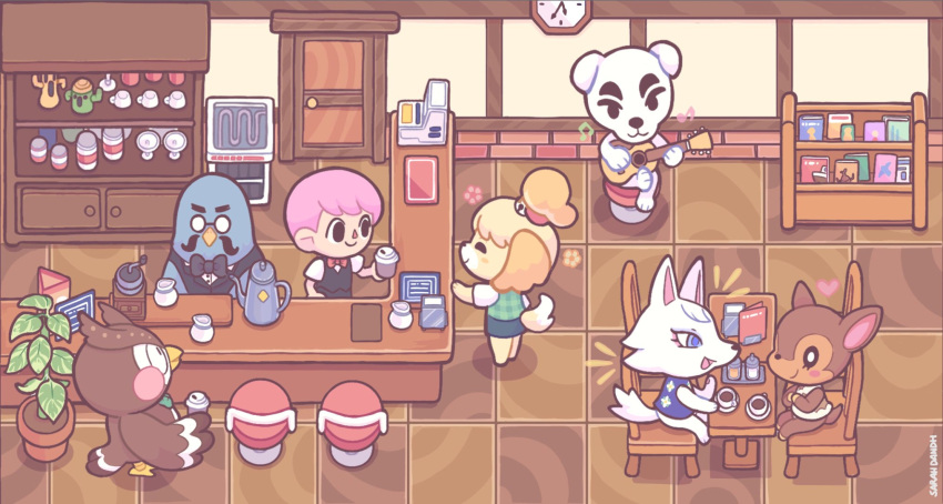 1boy, 1girl, 5others, analog_clock, animal, artist_name, bianca_(doubutsu_no_mori), bird, black_bow, bow, cash_register, chair, character_request, clock, coffee, coffee_mug, commentary, cup, deer, dog, door, doremi_(doubutsu_no_mori), doubutsu_no_mori, facial_hair, fuuta_(doubutsu_no_mori), highres, human, indoors, looking_at_another, master_(doubutsu_no_mori), mug, mustache, nintendo, nintendo_ead, owl, pidgeon, pink_hair, sarah_dandh, shizue_(doubutsu_no_mori), short_hair, sitting, standing, stool, table, teapot, tobidase:_doubutsu_no_mori, totakeke, villager_(doubutsu_no_mori), wolf
