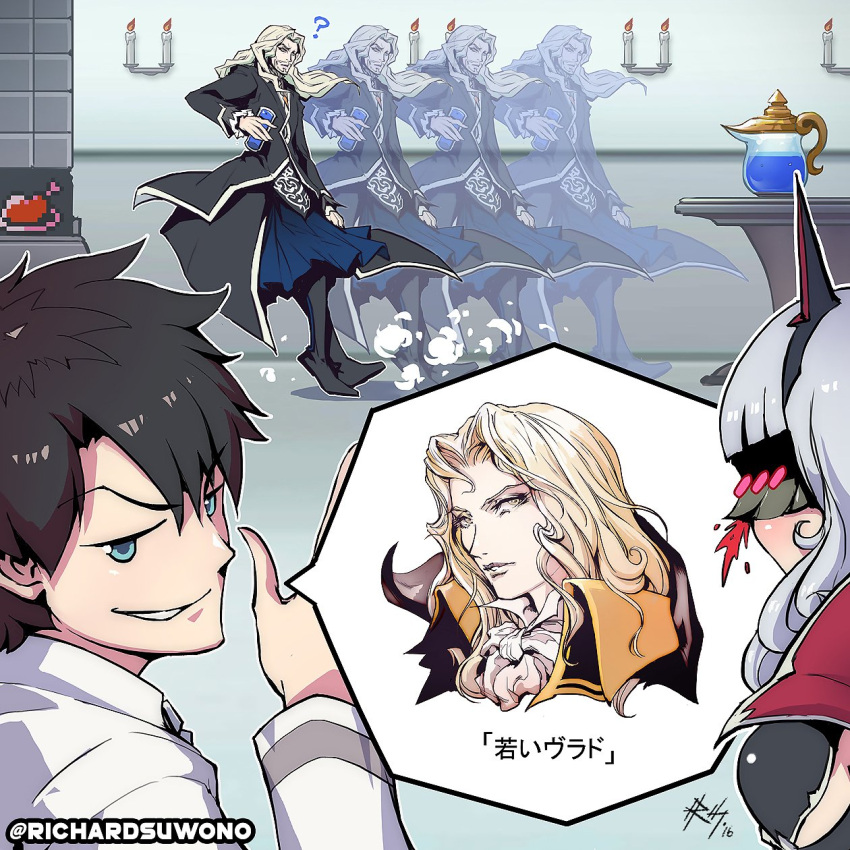 1girl, 2boys, ?, afterimage, alucard_(castlevania), alucard_(castlevania)_(cosplay), black_hair, blood, blue_eyes, blush, candlelight, carmilla_(fate/grand_order), castlevania, castlevania:_symphony_of_the_night, chaldea_uniform, commentary, cup, dust_cloud, fate/apocrypha, fate/grand_order, fate/stay_night, fate_(series), fujimaru_ritsuka_(male), gameplay_mechanics, games_done_quick, highres, holding, holding_cup, konami, mask, multiple_boys, nosebleed, okiayu_ryoutarou, platinum_blonde_hair, richard_suwono, seiyuu_connection, signature, smirk, spoken_character, super_smash_bros., translated, twitter_username, type-moon, ufotable, vlad_iii_(fate/apocrypha), white_hair