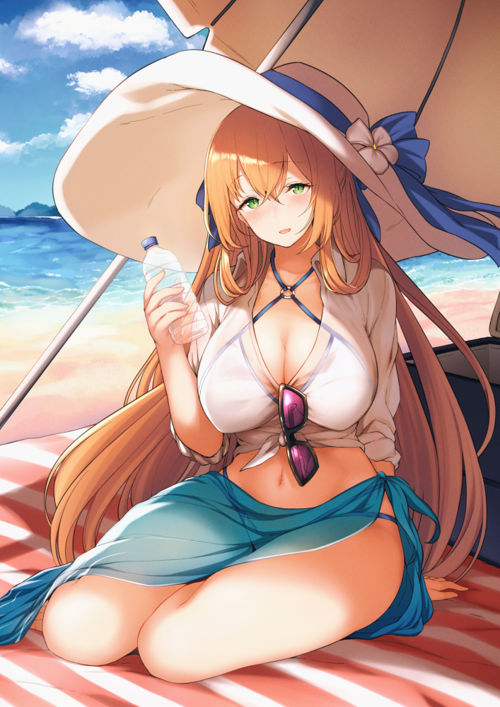 1girl, alternate_costume, arm_support, bangs, beach, beach_mat, beach_umbrella, blue_sky