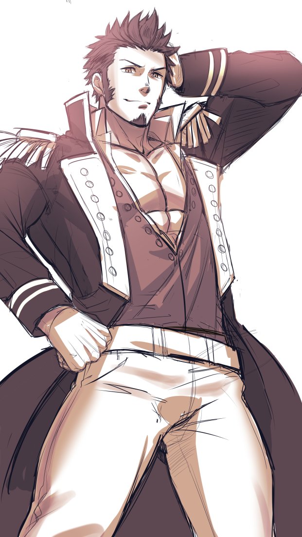 1boy, abs, beard, blue_eyes, brown_hair, chest, epaulettes, facial_hair