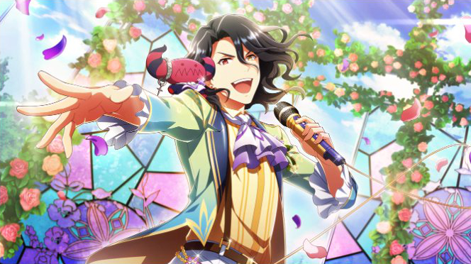 asselin_bb_ii, black_hair, dress, flower, heterochromia, idolmaster_side-m_live_on_stage, red_eyes, short_haur