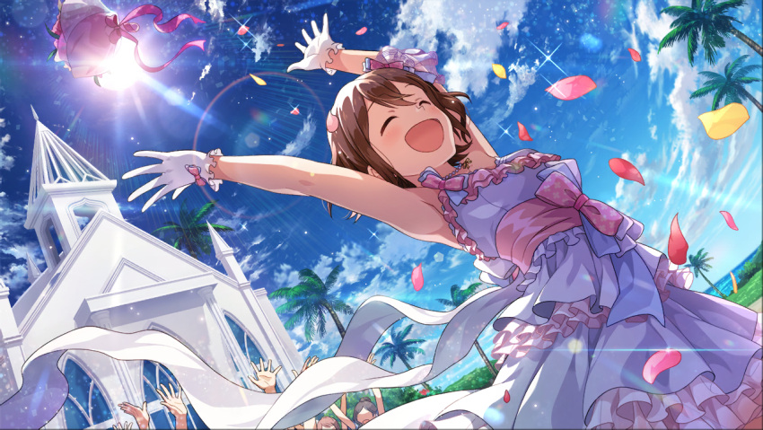 blush, brown_har, closed_eyes, dress, idolmaster_million_live!_theater_days, kasuga_mirai, short_hair, smile