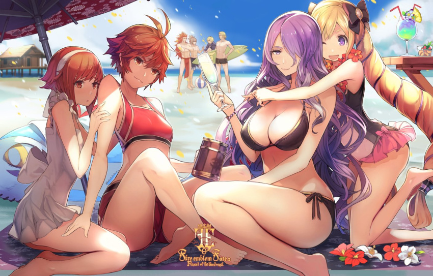 4boys, 4girls, beach, beachball, beer_mug, bikini, blonde_hair, blue_sky